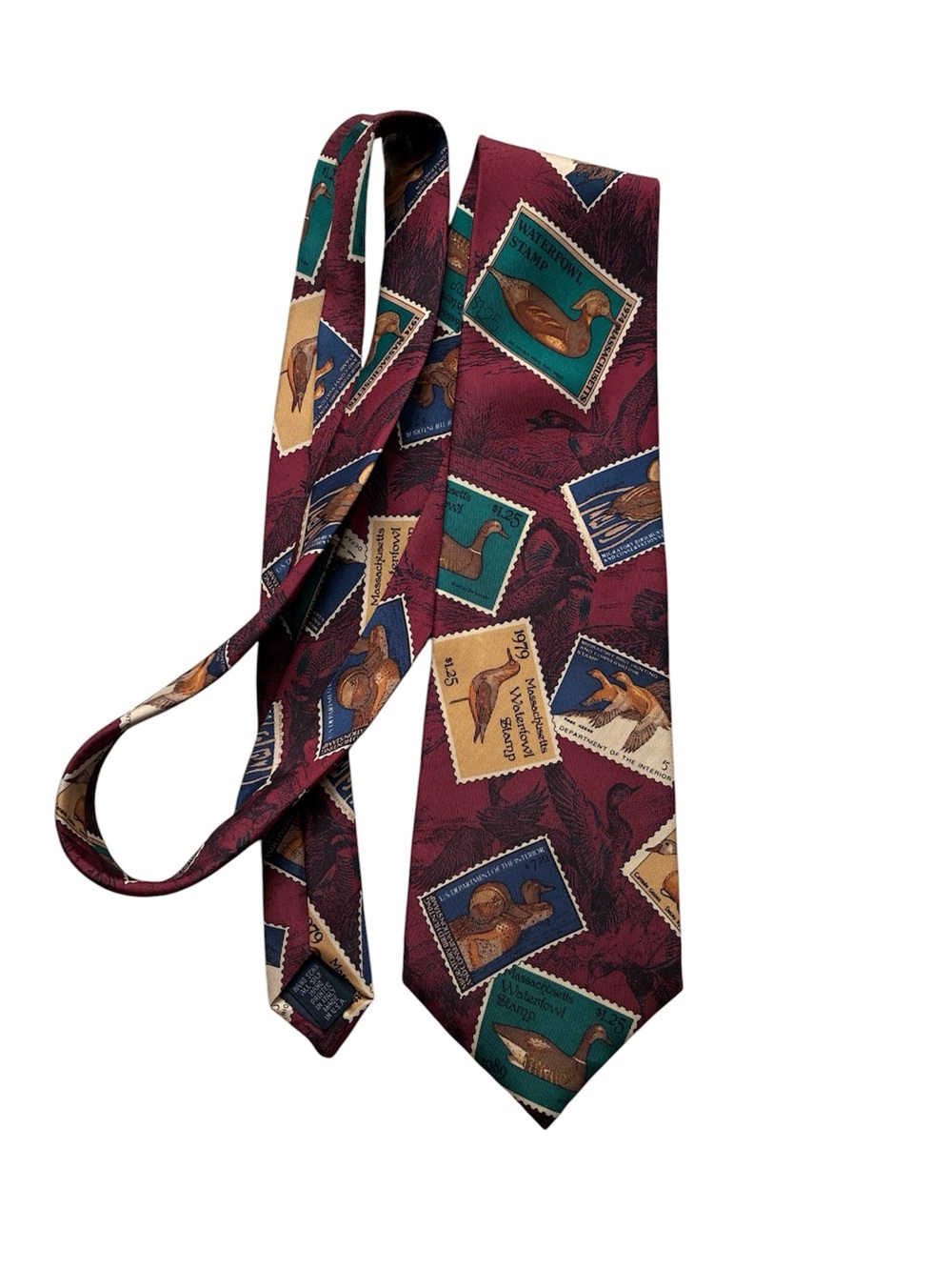 Eddie Bauer Vintage Men's Burgundy 100% Silk Waterfowl Stamp Necktie Made in USA